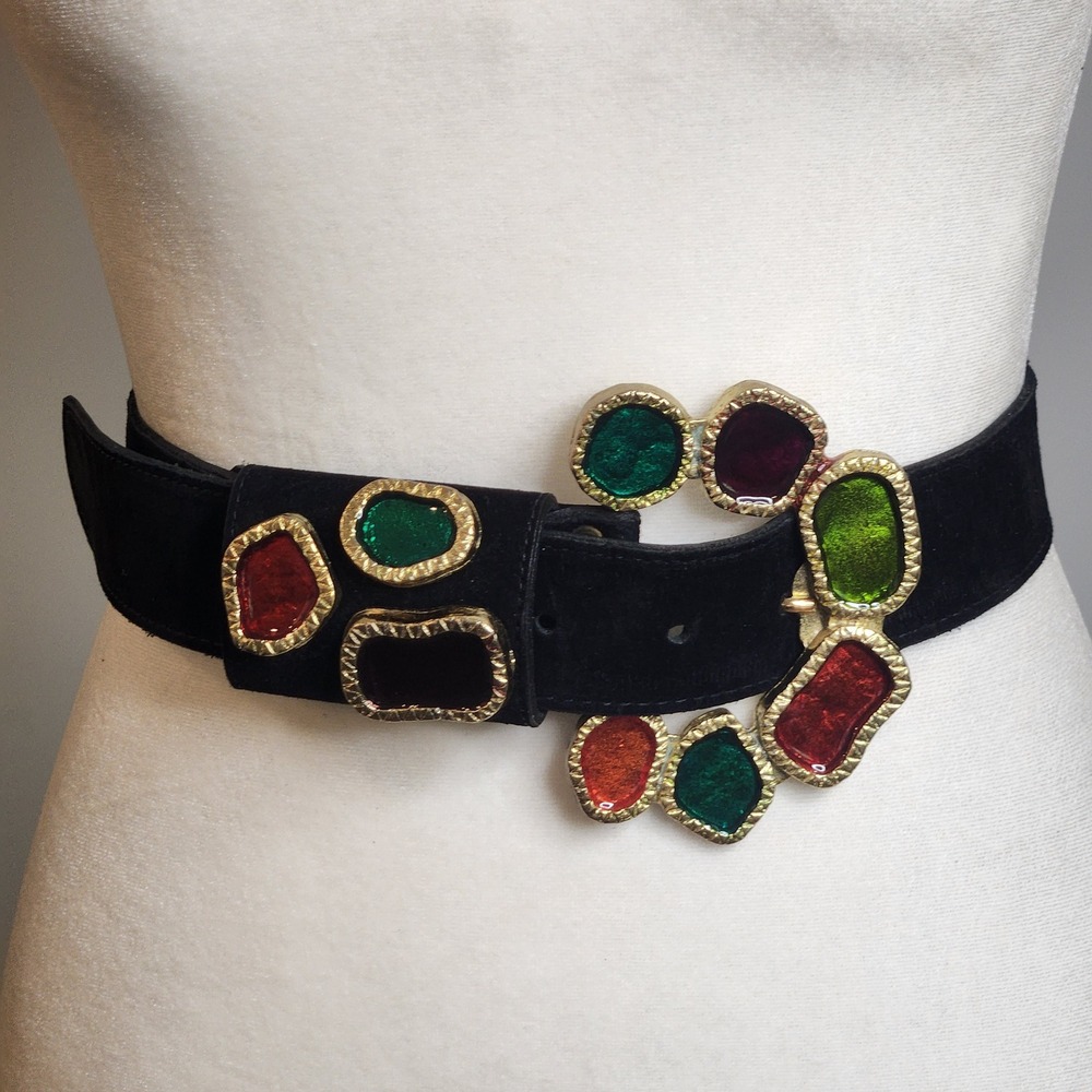 Leatherock Belt Womens L Black Suede Excellent 1992 Vintage Jewel Buckle 7298